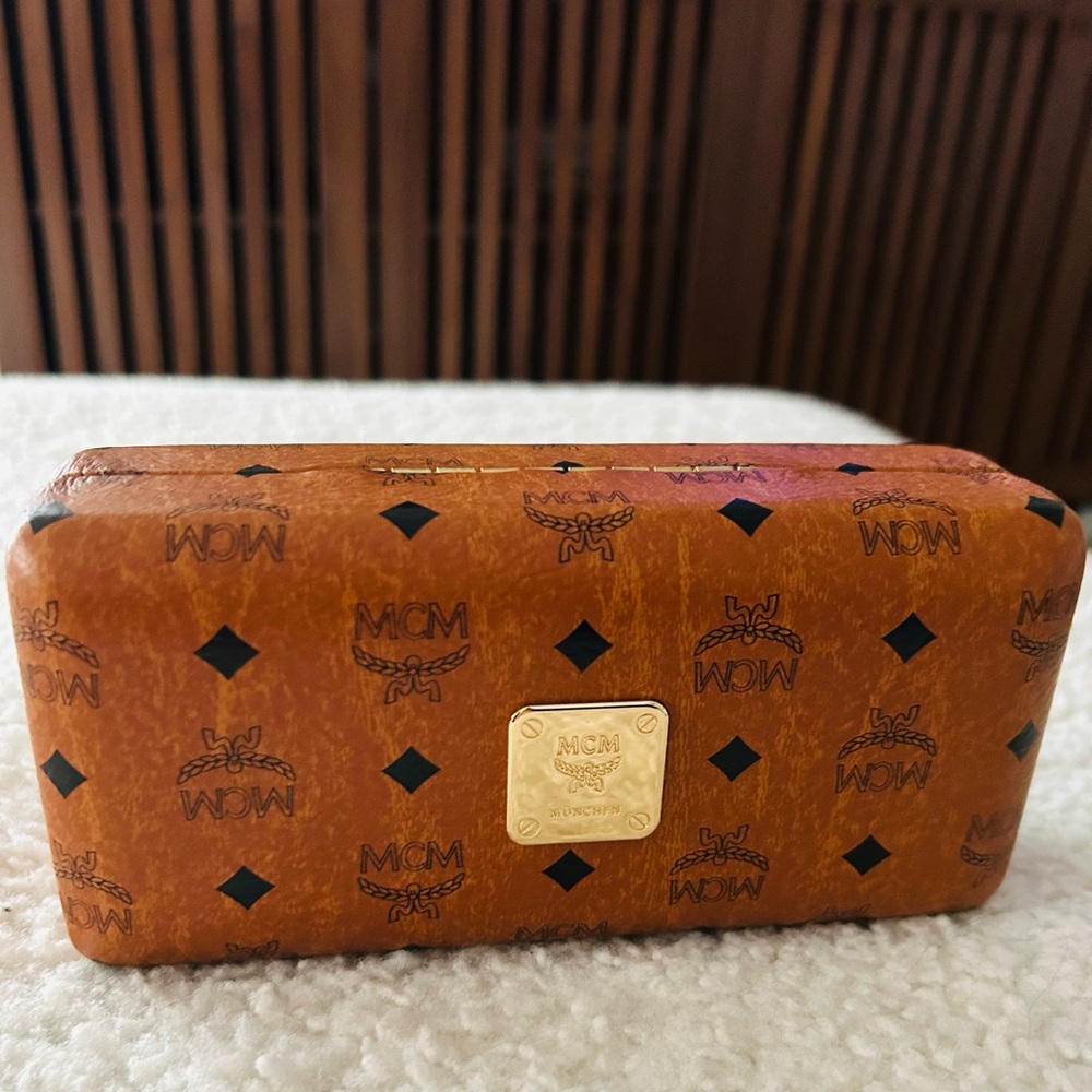 MCM Cognac Brown Monogram Sunglasses Case with Gold Plaque